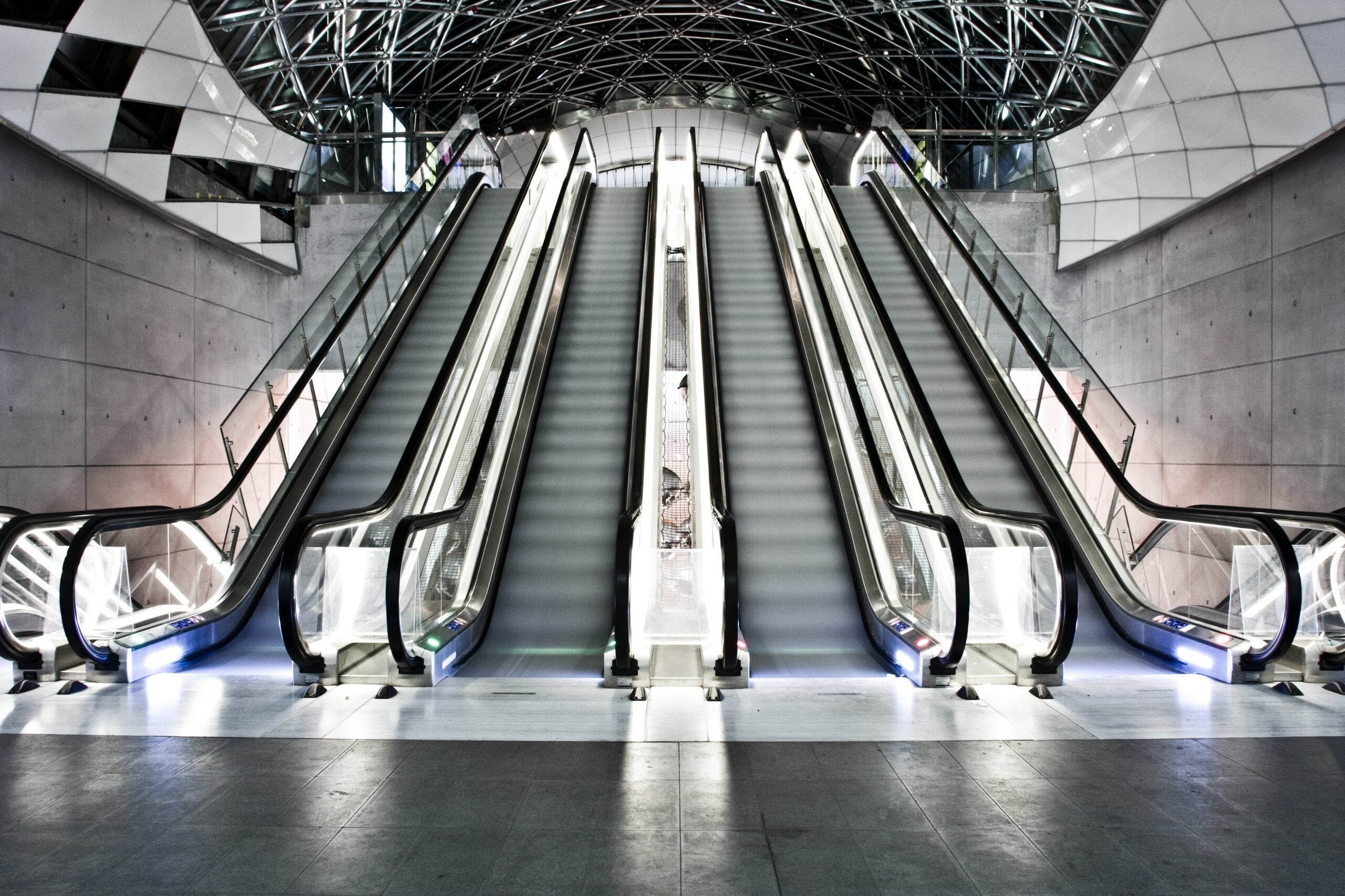 interior shot of a building with escalators